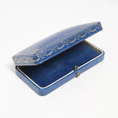 Vtg Push Button Open Leather Covered Jewelry Box Blue W/ Gilt Decor 3.75x2 Inch • $37.49