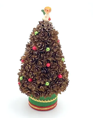 Vintage Christmas Tree Shaped Pine Cone Display  Wooden Angel Topper 8  X 4  • $16.99