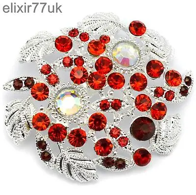 £5.39 • Buy New Large Silver Flower Brooch Red Diamante Crystal Wedding Party Broach Gift Uk