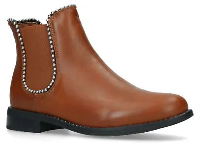 New Womens Chelsea Ankle Boots Tan Leather Studded Slip On Block Heel Shoes Size • £9.99