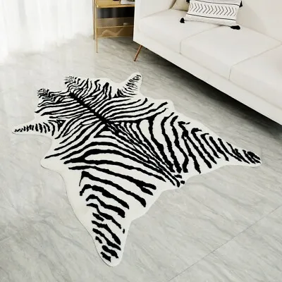 Large Zebra Print Rug Faux Fur Cowhide Leather Carpet Living Room Mat 150x200cm • $94.99
