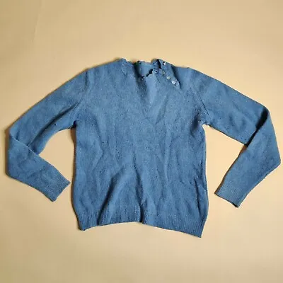 Vintage Blue Knitted Lambswool Rabbit Fur Pullover Jumper Size 16 C&A Ruffle • £18.40