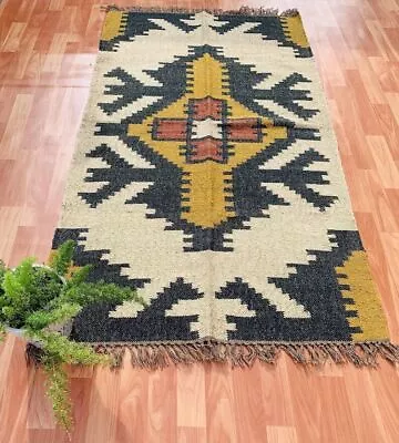 Navajo Kilim Rug Handmade Wool Jute Rug Aztec Accent Rug Outdoor Indoor Rug Deco • $501.26