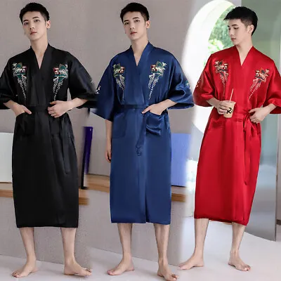 Chinese Traditional Silk Satin Robe Men Embroidery Bathrobe Plus Size Pajamas • $29.99