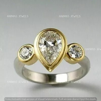 3 CT Pear Cut Moissanite Three-Stone Bezel Wedding Ring 14K Tone-Two Gold Plated • $111.85