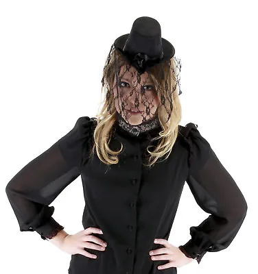 Victorian Mini Top Hat Blk Faux Suede W/ Blk Satin Trim & Blk Floral Lace Veil • $19.98