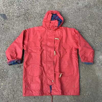 JG HOOK - Vtg 80s Red Vinyl Plaid Flannel-Lined Hooded Raincoat Mens MEDIUM • $50.94