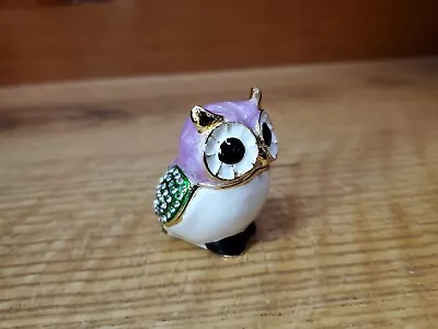 Owl Jeweled Trinket Box Enamel Paperweight 2  Keepsake Purple Cream Green Magnet • $15.99