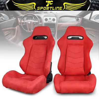 Universal Pair Reclinable Racing Seats + Dual Sliders Red Stitch Suede Wrap • $354.99
