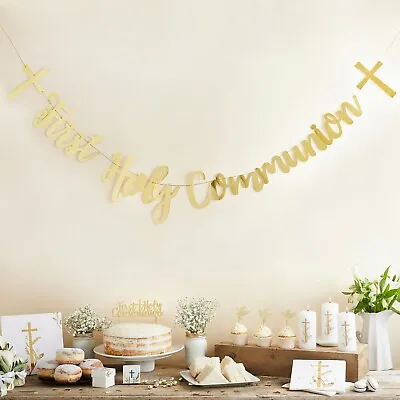 £6.59 • Buy Gold First Holy Communion Decorations Christening Party Banner Napkins Etc
