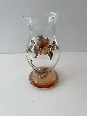 VTG Pink Base Glass Candle Holders W/ Hurricane Chimney Flower Designs Hibiscus • $25