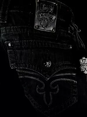 $220 Mens Rock Revival Jeans  Steven  Jet Black Leather Inserts Straight 36 X 33 • $99.99