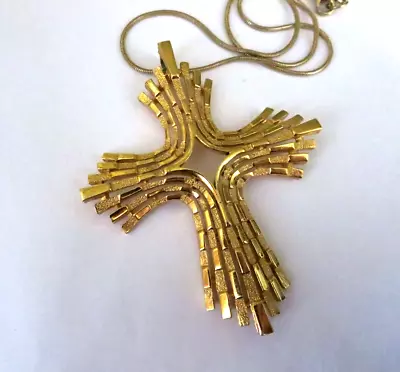 Vintage Rare CROWN TRIFARI Necklace Pendant Modernist Cross Crucifix Gold Tone • $54.95