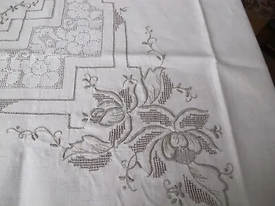 Vintage ITALIAN Linen CUTWORK EMBROIDERY Tablecloth 11 Napkins Ivory And Grey • $48