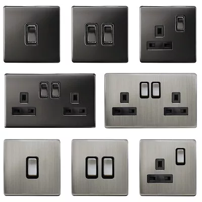 £9.99 • Buy Black Gloss Nickel Or Brush Chrome Wall Plate Plug Socket & Switches Slim Flat