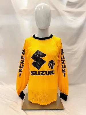 Vintage 80's Suzuki Motocross Yellow Mesh Long Sleeve Size L MOTO Jersey MX Race • $240