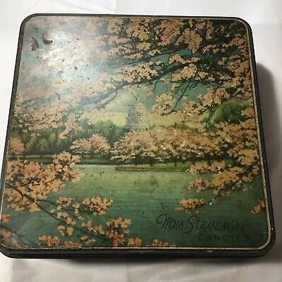 Vintage  Mrs. Steven's Candies TIN LITHO Washington DC Cherry Blossoms Tin Box • $40