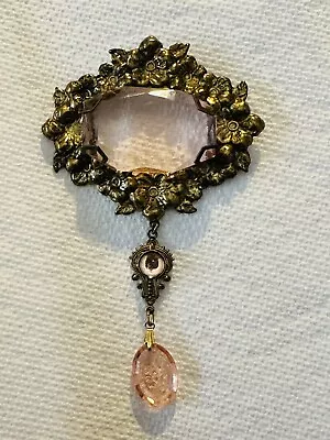 Vintage Victorian Revival 4 Inch Brooch Pin Pink Stones Brass • $49.99