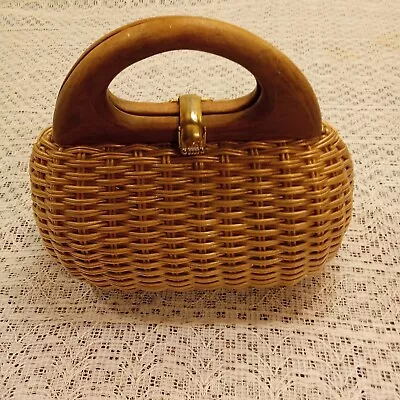 Lesco Lona Vintage White Wicker Handbag Purse Wood Handle Made In Hong Kong • $29.99