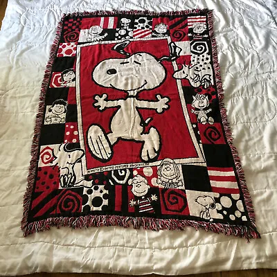 Vintage Peanuts Gang Snoopy Fringe Tassel Woven Tapestry Throw Blanket 45” X 65” • $100