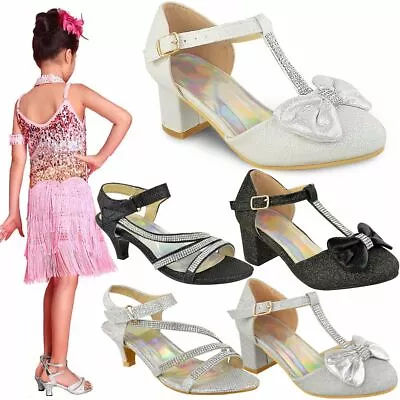 Girls Kids Childrens Party Sandals Diamante Wedding Low Heel Shoes Dance Size • $19.99