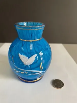 Antq Bohemian Moser?  Smooth Blue Mottled Art Glass Vase Raised Enamel Butterfly • $77