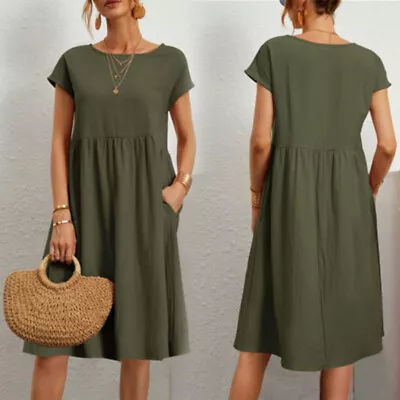 Summer Casual Plain Swing Dress Maxi Women Short Sleeve Linen Dress Plus Size • £16.42