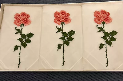 Vintage Boxed Set Of 3 Embroidered Roses Hankies • $10