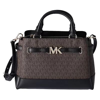 Michael Kors Reed Small Center Zip Logo Belted Satchel Brown MK Signature Black • $109