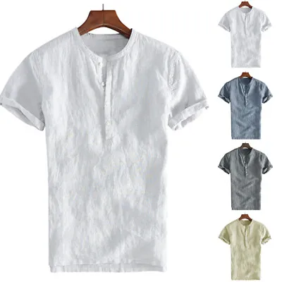 Men's Short Sleeve T Shirts Collarless Henley Grandad Casual Work Tee Smart Tops • £11.44