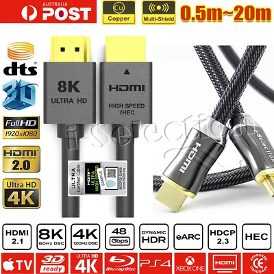 $11.99 • Buy Premium HDMI 2.1 HDMI 2.0 Cable V2.1 V2.0 8K 4K HD 3D Ethernet HEC ARC HighSpeed