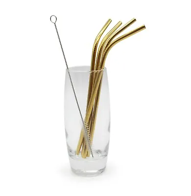 Drinks Straws Gold Stainless Steel Reusable Brush Set Milkshake Party Club • £3.99