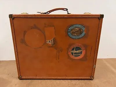 Vintage BROWN LEATHER SUITCASE W Keys Trunk Chest Storage Travel Stickers Decor • $55