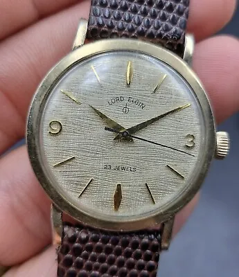 Stunning Mens Vintage Lord Elgin Watch 23j With Beautiful Textured Dial! Runs • $220