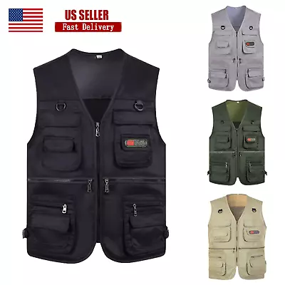 Mens Vest Fishing Travel Vest Work 10 Pockets Cargo Hiking Vest Waistcoat Jacket • $18.99