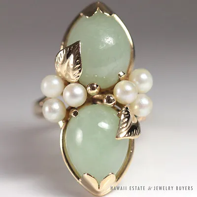 Ming's Hawaii Pale Green Jade Pear Shape & Pearl Twin Ring 14k Yellow Gold Sz 6 • $980
