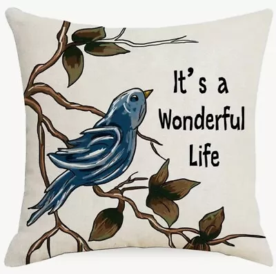 Blue Bird Wonderful Life Christmas Linen Throw Pillow Cover Holiday Home Decor • $13.08