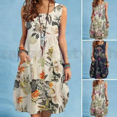 $26.07 • Buy AU Womens Bohemian Floral Sleeveless Casual Baggy Vacation Baggy Maxi Dress PLUS