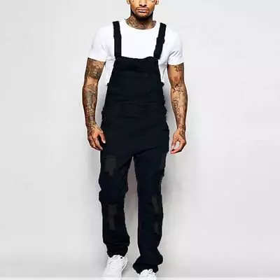 UK Mens Ripped Denim Dungaree Overalls Jumpsuit Work Pockets Jeans Bib Pants • £21.99