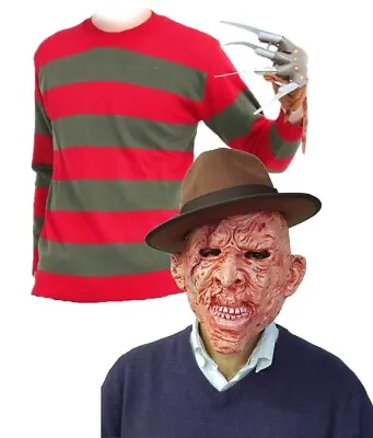£22.95 • Buy Adult Freddy Krueger Burnt Man Mask Scary Face & Red Green Jumper Halloween Set