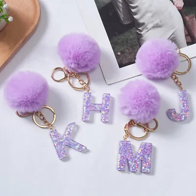 A-Z Letter Initials Keychain With Faux Furry Ball Pendant Handbag Charms Keyring • £3.11