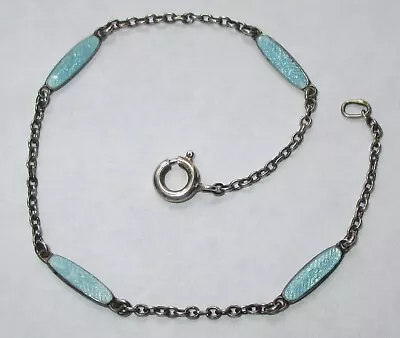 Vintage Antique Sterling Silver Blue Guilloche Enamel Link Chain Bracelet • $79.99
