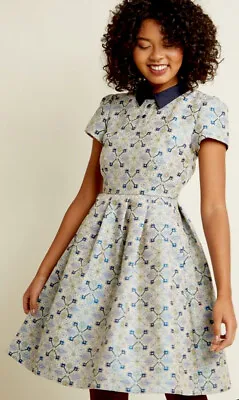 NWOT ModCloth Size S Jacquard Tile Metallic Fit & Flare Shirt Dress Pockets Navy • $19.99