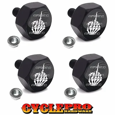 4 Black Hex Billet Alum Motorcycle License Plate Frame Tag Bolts SKULL FINGER FU • $11.77