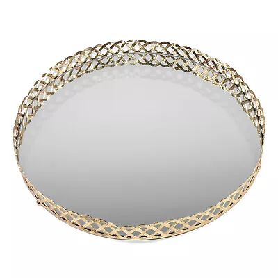 £8.99 • Buy Decorative Tray 29cm Round Gold Mirror Glass Display Plate Candle Holder Perfume