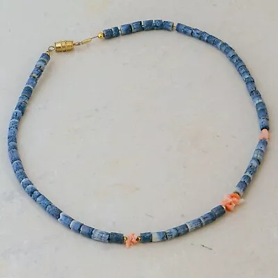 Vintage Denim Blue Coral Necklace Pink & White Sea Shell Beads Choker Heishi • $59.95