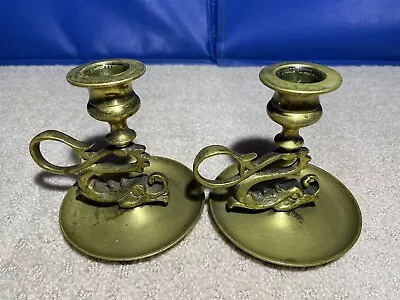 $39 • Buy Vintage Chinese Brass Candle Holder Pair Loong Dragon Candlestick Taper 4.25 In