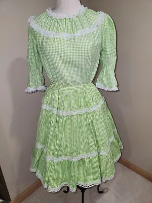 Vintage Square Dance Rockabilly OutfiT*Green Gingham*Metal Zipper*Puff Sleeve*Sm • $39