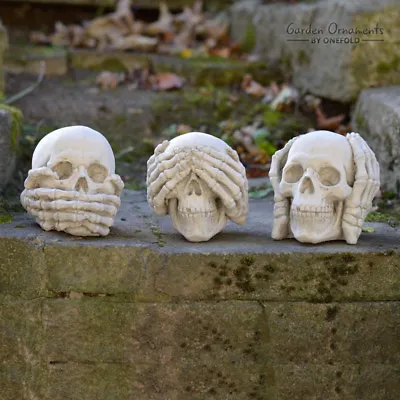 Wise Skull Set See Hear Speak No Evil Hand Cast Stone Outdoor Garden Ornament • £39.90