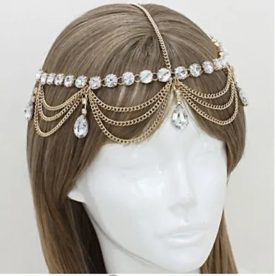 Hair Head Bridal Chain Crystal Forehead Tiara Jewelry Gold Headpiece • $17